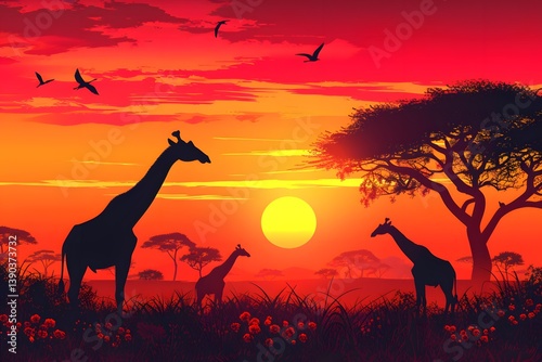 Illustration of a vibrant African sunset with giraffes and elephants silhouetted against the glowing savannah horizon.