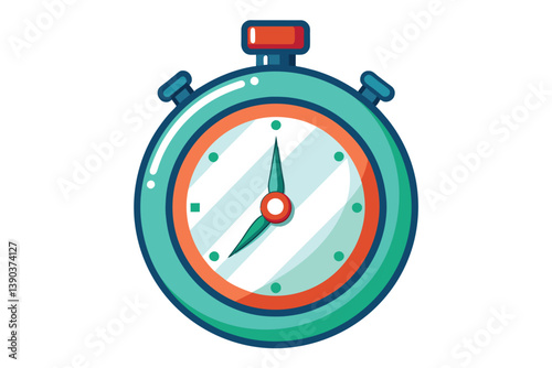 An illustration of a green and red stopwatch with hands on a white background.