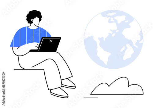 Person seated with laptop, cloud below, and globe signifies global reach, online work, and tech integration. Ideal for remote work, digital connection, global business, technology education
