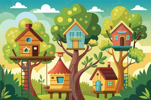 An illustration of five colorful tree houses nestled among lush green trees, all set against a bright blue sky with fluffy white clouds.