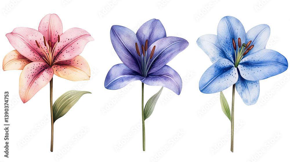 Elegant Watercolor Lilies Pink Purple Blue Flowers Botanical Illustration Floral Design Nature Art Print Summer Bloom Pretty Delicate