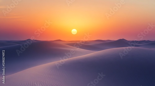Sunset over vast, undulating sand dunes.