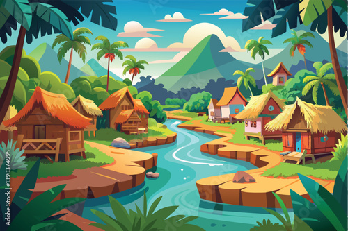 A picturesque illustration of a tropical village nestled amongst lush greenery, featuring traditional thatched-roof houses, palm trees, and a winding river.