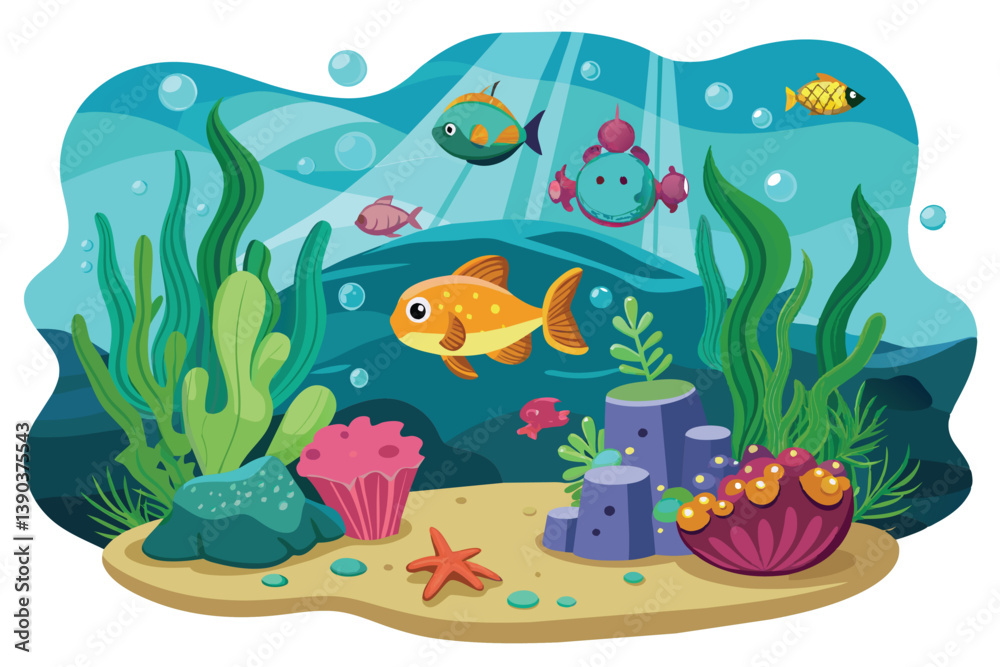 Naklejka premium An illustration of a vibrant underwater scene featuring colorful fish swimming amongst seaweed, coral, and rocks.
