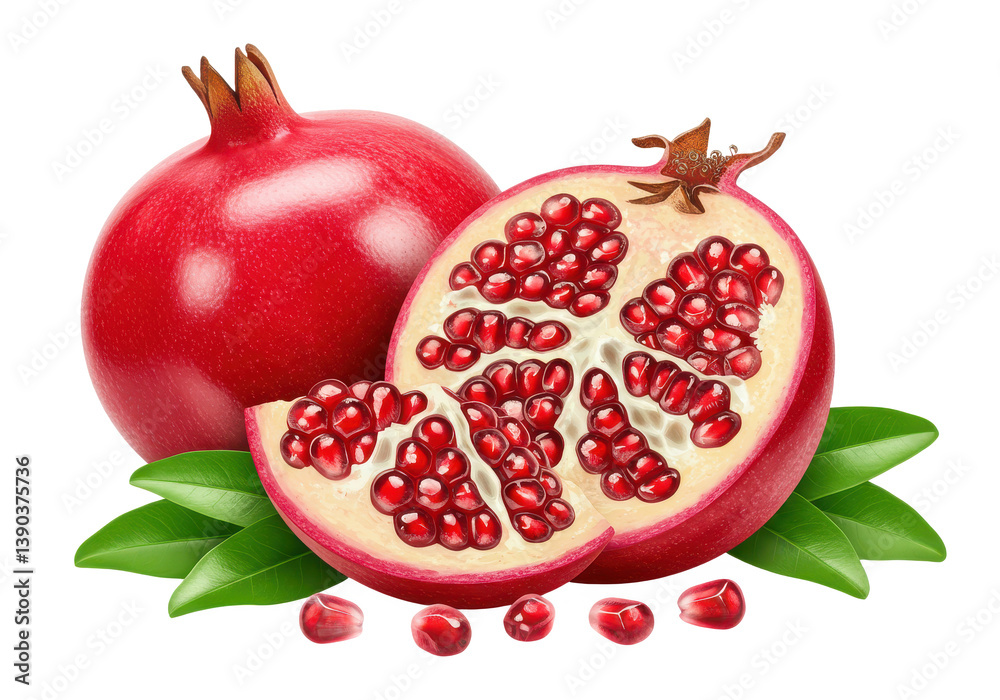 A close up of two pomegranates one whole and one cut open isolated on transparent background A close up of two pomegranates one whole and one cut open isolated on transparent background