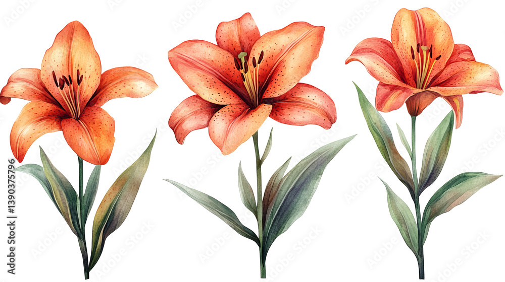Elegant Watercolor Orange Lilies Floral Botanical Illustration Three Flowers Transparent Background Nature Design Art Lily Soft Plant Bloom Petal