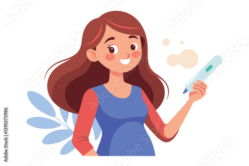 A cartoon illustration of a pregnant woman with long brown hair, wearing a red and blue outfit, and holding a positive pregnancy test.