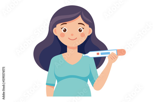 A pregnant woman with long dark hair holds a thermometer, smiling and looking at the viewer.