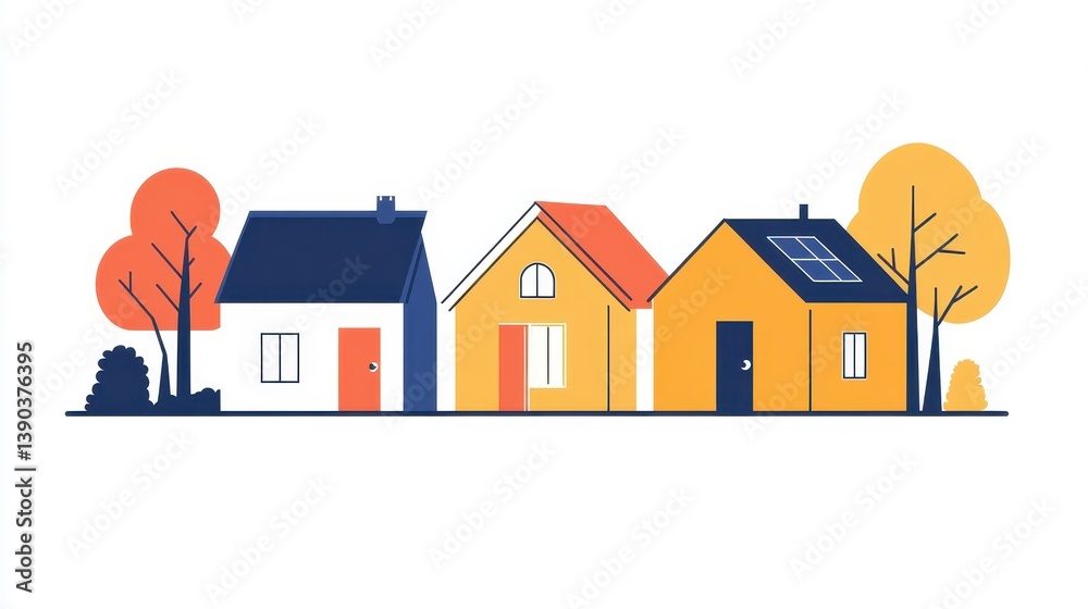 Fototapeta premium Colorful Illustration of Modern Houses in a Scenic Setting