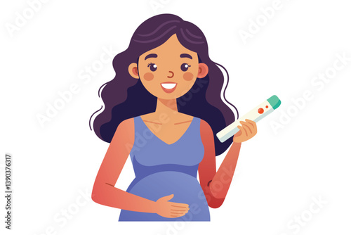 A cartoon illustration of a pregnant woman with long, dark hair smiling and holding a positive pregnancy test.