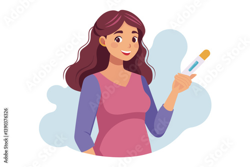 A cartoon illustration of a woman holding a pregnancy test with two lines, indicating a positive result. She is smiling and looks happy.