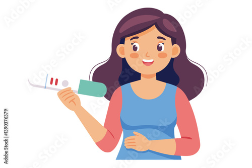 A cartoon image of a woman with long brown hair, wearing a light blue shirt and a pink sweater, smiling and holding a positive pregnancy test. She is standing against a white background.