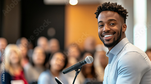 Smiling African American businessman giving speech or presentation at corporate event, confidently holding microphone, engaging audience, leadership and public speaking concept

