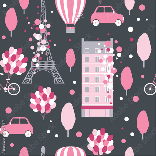 Paris pattern with Eiffel tower, house, car, bicycle and balloons in pink colors on grey background.