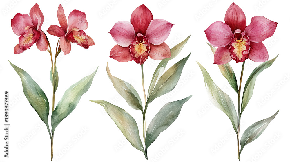 Elegant Watercolor Pink Orchid Flowers Botanical Illustration Transparent Background Floral Design Nature Art Print red stem plant bloom image