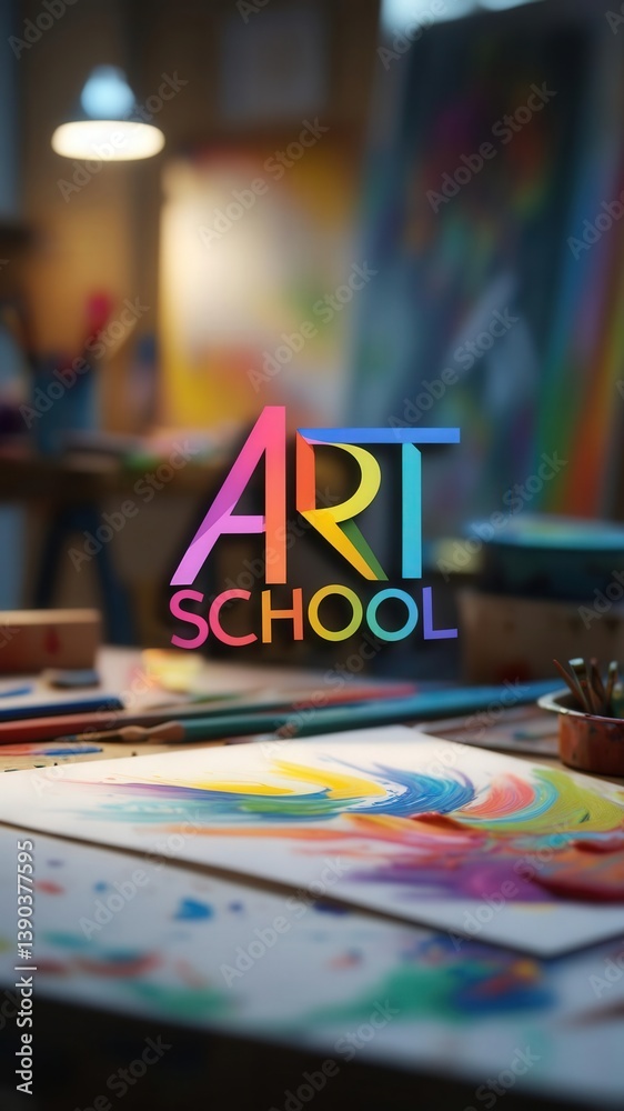Vibrant art school concept with colorful text ART SCHOOL over a creative workspace featuring painting supplies and abstract artwork