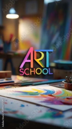 Obraz na płótnie Vibrant art school concept with colorful text ART SCHOOL over a creative workspace featuring painting supplies and abstract artwork w salonie