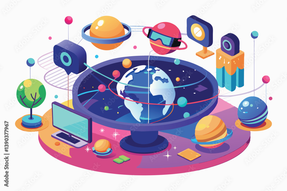 Fototapeta premium A colorful isometric illustration depicting a virtual reality experience with Earth in the center surrounded by planets, stars, and a computer screen.