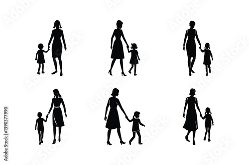 mom child walking hand vector art silhouette