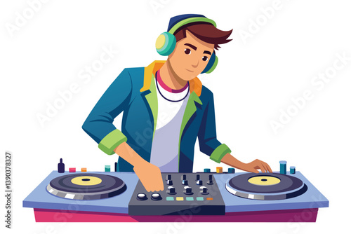 A cartoon illustration of a young man wearing headphones and mixing music on a DJ turntable.