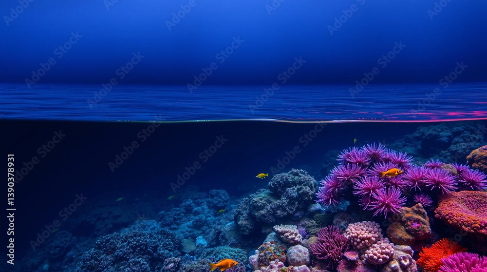 Naklejka premium Coral reef, fish, underwater, vibrant, neon, aquarium, marine, colorful, tropical, ocean, sea, aquatic, purple, blue, pink, glow, fluorescent, anemone, reef, school, swimming, bright, vivid, lively, v
