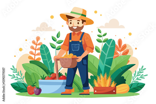 A happy farmer stands in a garden, holding a basket filled with harvested produce. He smiles as he looks toward his work, surrounded by vibrant greenery.