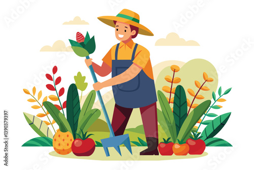 A cartoon illustration of a happy farmer in a straw hat and apron, holding a hand tool and working in his garden.