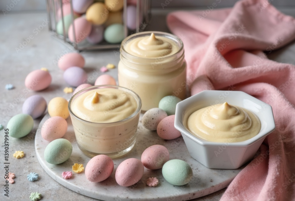 Delicious creamy desserts in jars surrounded by colorful Easter eggs Delicious creamy desserts in jars surrounded by colorful Easter eggs