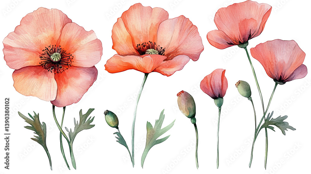 Elegant Watercolor Peach Poppies Floral Botanical Illustration Design Element Set Nature Red Art Pink Soft Poppy Plant Bloom Petal