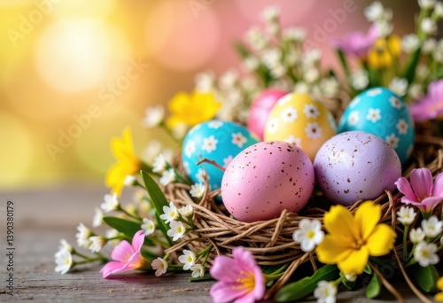 Colorful Easter eggs nestled in a floral arrangement for spring celebrations