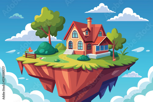 A cartoon illustration depicting a quaint house situated on a floating island in the clouds. The island is adorned with green grass, trees, and a small bench.