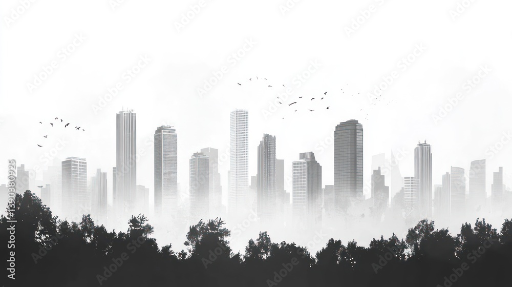 Fototapeta premium Foggy city skyline view from a distance