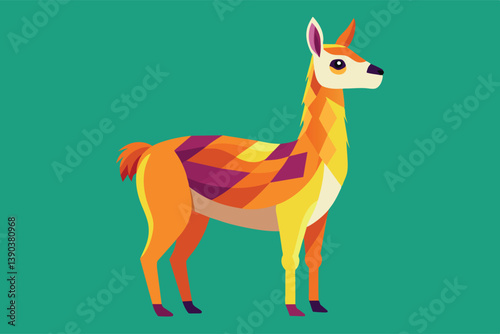This is a vector illustration of a llama with an orange and purple geometric design standing on a teal background.