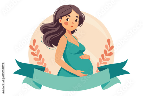 A digital illustration of a pregnant woman with her hands on her stomach, wearing a green dress. She has long brown hair and is standing in front of a light orange background with leaves.