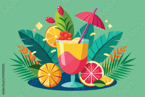 A vibrant illustration of a tropical cocktail with fruit and an umbrella. The cocktail is surrounded by lush palm leaves and brightly colored fruit slices.