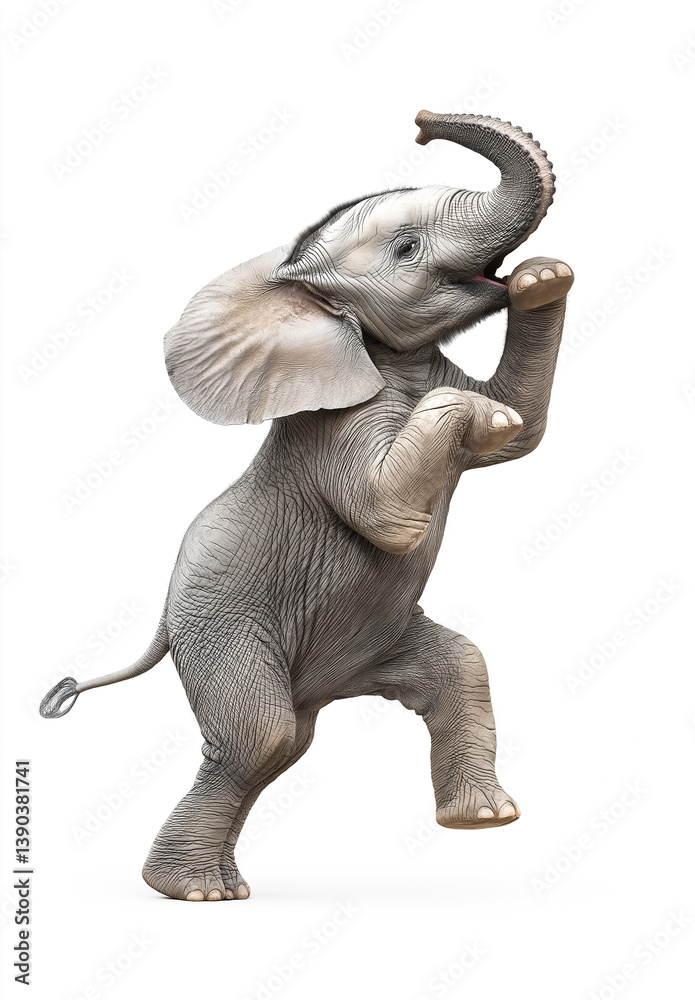 Obraz premium happy elephant dance dance , stand up by two legs and funny dance , smile, realistic pose, full body, natural light, full hd 8K, white isolated background, hyperrealistic photography