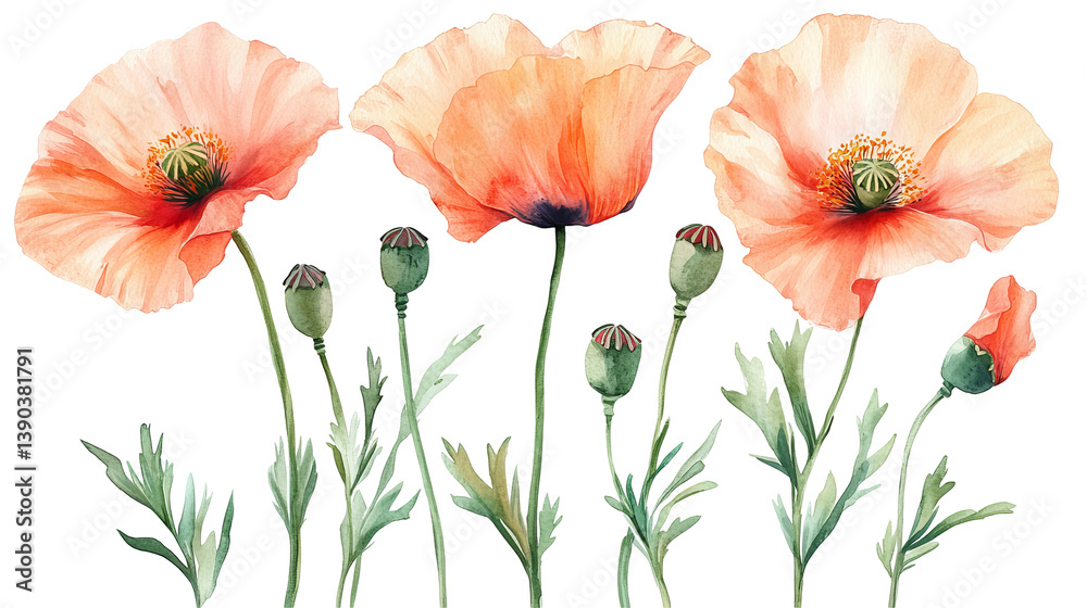 Elegant Watercolor Peach Poppies Floral Design Botanical Illustration Nature Painting Art Print Summer Flower Background Red Leaf Stem Soft