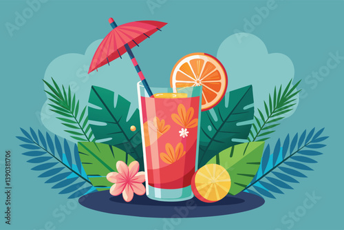 Illustration of a summer cocktail with orange slice, umbrella, and straw, surrounded by tropical leaves and flowers for an inviting scene.