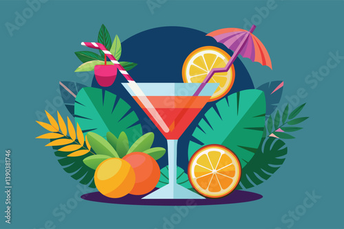 A colorful illustration of a summery cocktail with orange slices and a cherry garnish. Green leaves surround the drink, creating a tropical ambiance.
