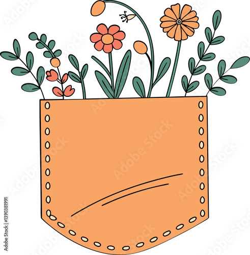 Vector Illustration of a Decorative Orange Pocket with Vibrant Floral Arrangement for Graphic and Textile Design