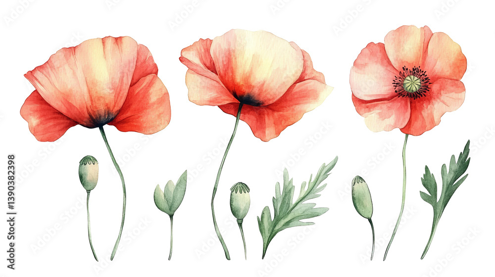 Set Of Elegant Watercolor Red Poppies Floral Botanical Illustration Set Design Nature Flowers Art Soft Card Leaf Poppy Plant Bloom Petal Image