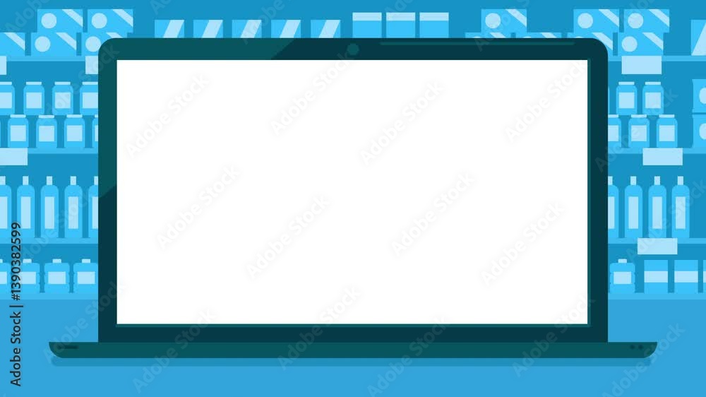 Animation of a blank laptop computer display screen on moving supermarket grocery shelf background on Cartoon style. Concept of online shopping, e-commerce, black friday, cyber monday, hot sale. Animation of a blank laptop computer display screen on moving supermarket grocery shelf background on Cartoon style. Concept of online shopping, e-commerce, black friday, cyber monday, hot sale.