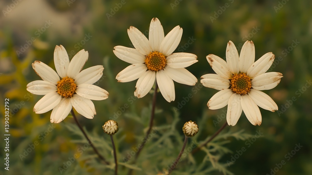 Fototapeta premium Three Delicate White Daisies Close Up Macro Shot