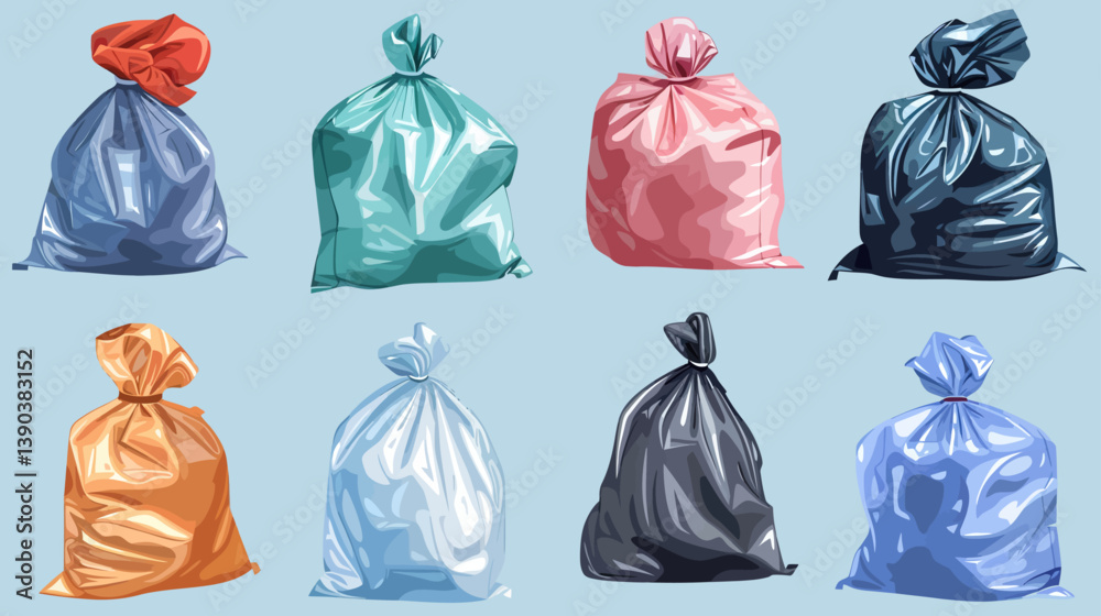 Vector illustration of full tied refuse plastic sacks with trash bags in various shapes for waste disposal and cleanup design Vector illustration of full tied refuse plastic sacks with trash bags in various shapes for waste disposal and cleanup design
