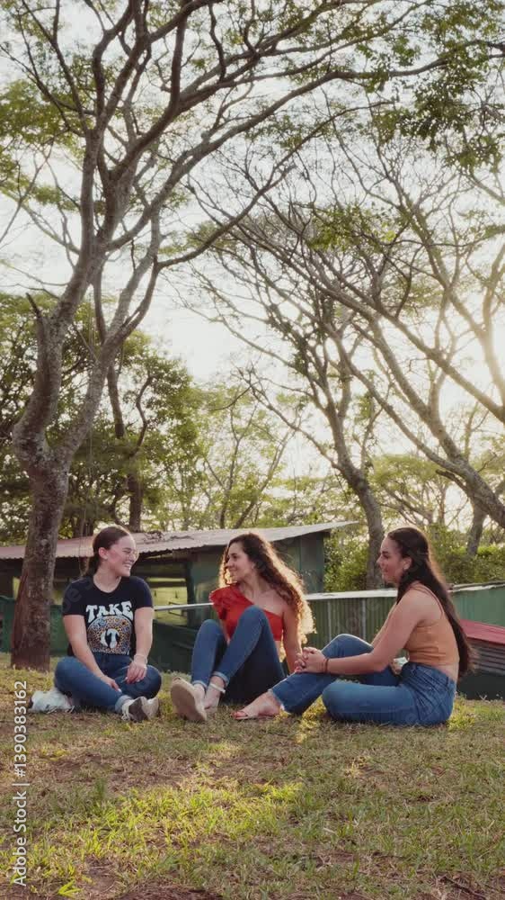 hree young women sitting on grass chatting in the forest hree young women sitting on grass chatting in the forest