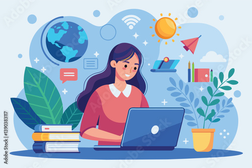 A woman smiles as she works on her laptop at a desk surrounded by books, plants, and bright sunshine.