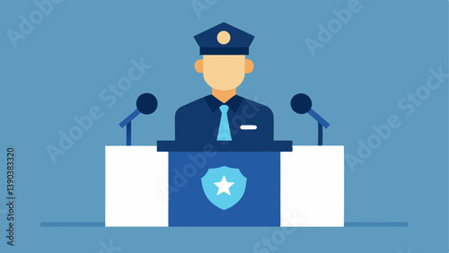 Police Press Conference A police spokesperson standing at a podium addressing the media with the emblem of law enforcement displayed prominently.
