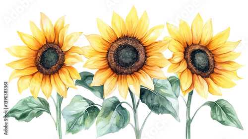 Three Vibrant Yellow Sunflowers Watercolor Painting Botanical Floral Summer Nature Art Design Illustration Stem Plant Bloom Green Sunny     