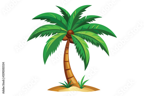 A cartoon illustration of a single palm tree with lush green fronds growing on a sandy beach. The palm tree has a brown trunk and green leaves. The beach is a light brown color.