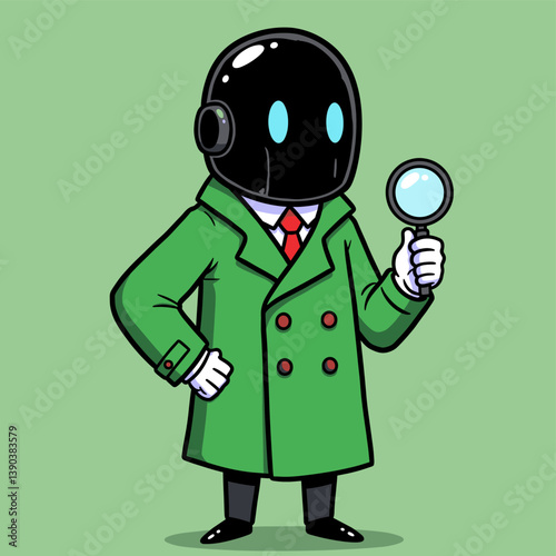 Cyber Sleuth: A futuristic character in a sleek, minimalist style, clad in a green overcoat and poised with a magnifying glass, embodies curiosity and investigation.
